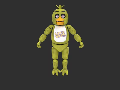 Green Cartoon Bird Like Doll With White Tshirt And Let's Eat Print Big Eyes Smiling 3d model