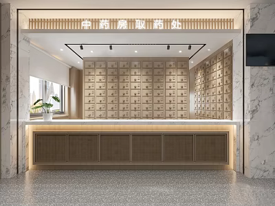 Traditional Chinese Medicine Pharmacy Dispensing Area Interior With Wooden Medicine Drawers Counter And Marble Walls 3d model