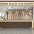 Traditional Chinese Medicine Pharmacy Dispensing Area Interior With Wooden Medicine Drawers Counter And Marble Walls