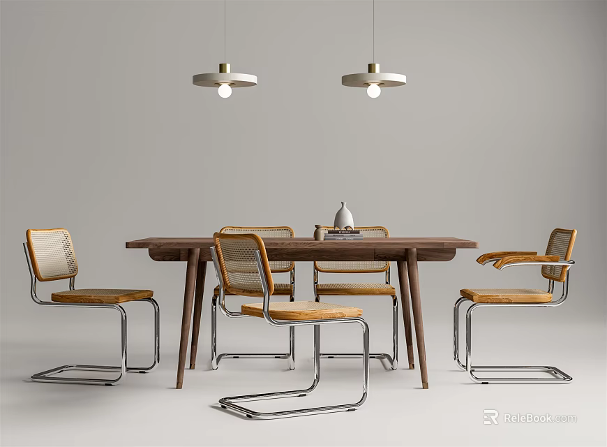 Modern Dining Table Set With Wooden Top And Metal Frame Chairs And Pendant Lights 3d model 