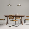 Modern Dining Table Set With Wooden Top And Metal Frame Chairs And Pendant Lights