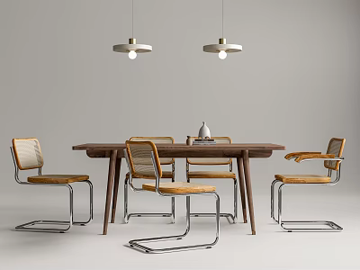Modern Dining Table Set With Wooden Top And Metal Frame Chairs And Pendant Lights 3d model