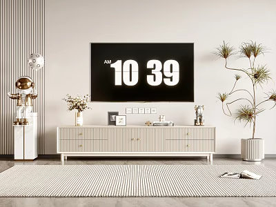 Modern TV Stand with TV Screen Decorative Items Potted Plant and Striped Rug 3d model