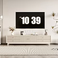Modern TV Stand with TV Screen Decorative Items Potted Plant and Striped Rug