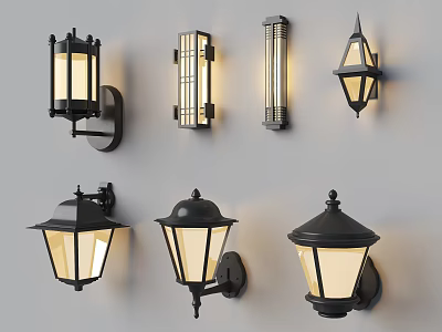 Various Black Decorative Wall Lamps With Glass Shades Mounted On Wall Illuminated Warm Light 3d model