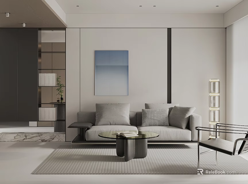 Modern Minimalist Living Room With Grey Sofa And Glass Coffee Table 3d model 