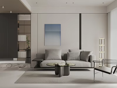 Modern Minimalist Living Room With Grey Sofa And Glass Coffee Table 3d model