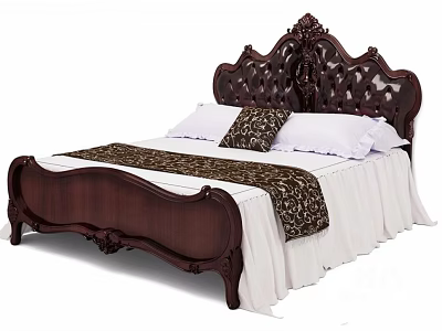 Classic Double Bed With Ornate Carved Headboard Dark Brown Frame And White Bedspread 3d model