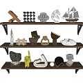 Decorative Ornament Set Display On Wooden Shelves With Geometric Metal And Sculptural Decor Pieces