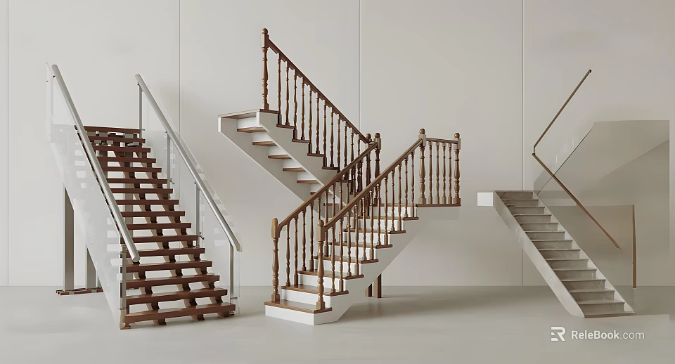 Staircases with various designs featuring wooden and metal railings and different step materials 3d model 