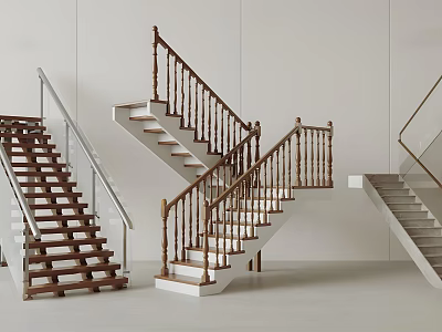 Staircases with various designs featuring wooden and metal railings and different step materials 3d model