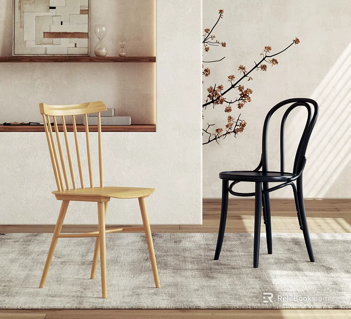 Modern Natural Wood And Black Dining Chairs With Shelf Decor And Blossom Branch 3d model 