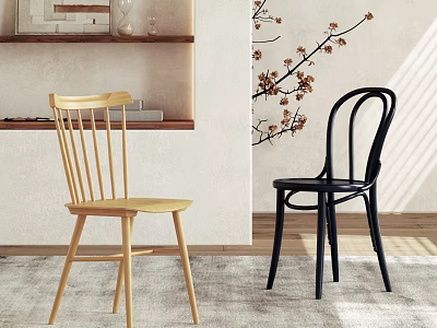 Modern Natural Wood And Black Dining Chairs With Shelf Decor And Blossom Branch 3d model