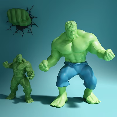 Large and Small Hulk Action Figures with Muscular Body Blue Pants Wall Crack Design 3d model