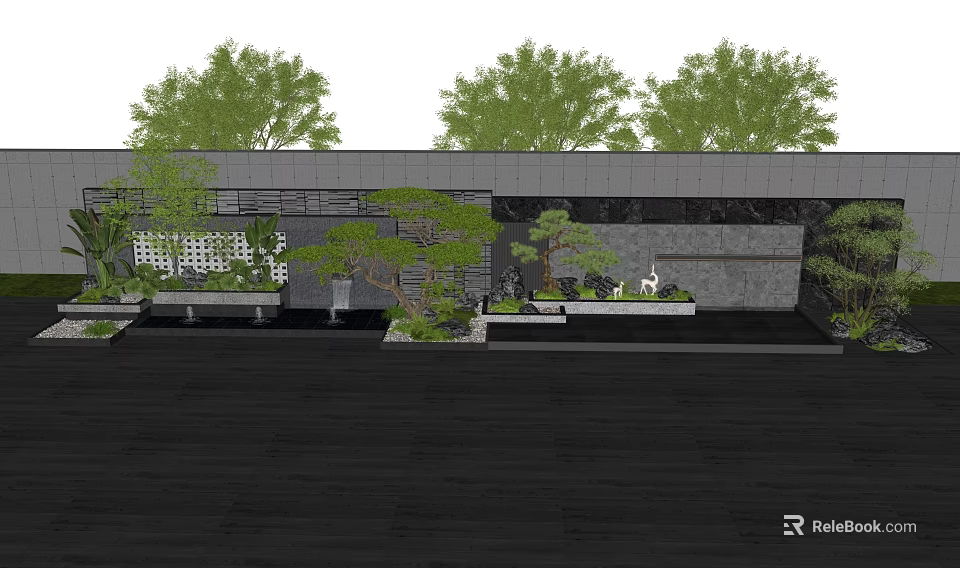 Garden Feature Wall Modern Design With Green Trees Shrubs Water Pond And Decorative Ornaments 3d model 