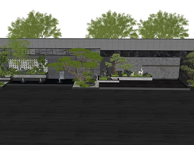 Garden Feature Wall Modern Design With Green Trees Shrubs Water Pond And Decorative Ornaments 3d model