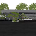 Garden Feature Wall Modern Design With Green Trees Shrubs Water Pond And Decorative Ornaments