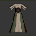 Traditional Vintage Dress With Beige Green Burgundy Stripes Short Sleeves And Corset Laced Waist