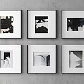 Six Black And White Abstract Artworks In White Frames On Gray Wall 3d model