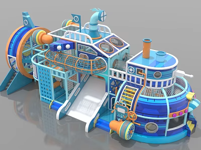 Colorful Ship Shaped Children's Playground With Slide Climbing Net And Steering Wheel 3d model