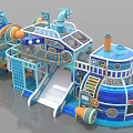 Colorful Ship Shaped Children's Playground With Slide Climbing Net And Steering Wheel