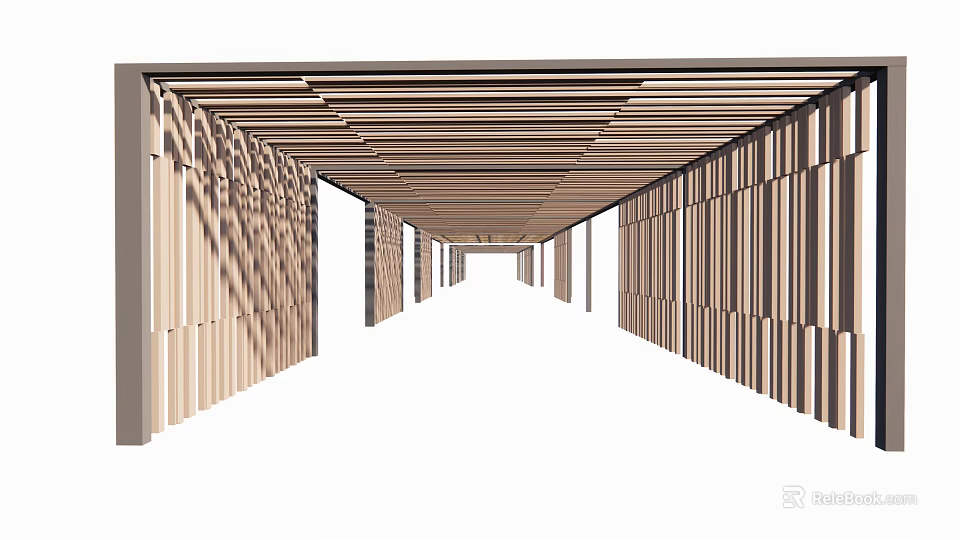 Wooden Pergola Design With Long Beams And Vertical Panels Creating Spacious Corridor Effect 3d model 