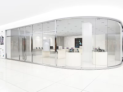 Modern Mall Store with Glass Facade Open Layout and White Display Counters in Bright Interior 3d model