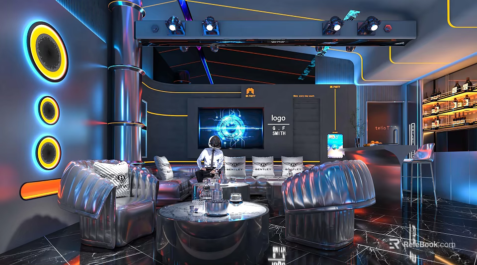 Futuristic KTV Room With Hi tech Sofas Screens And Lighting 3d model 