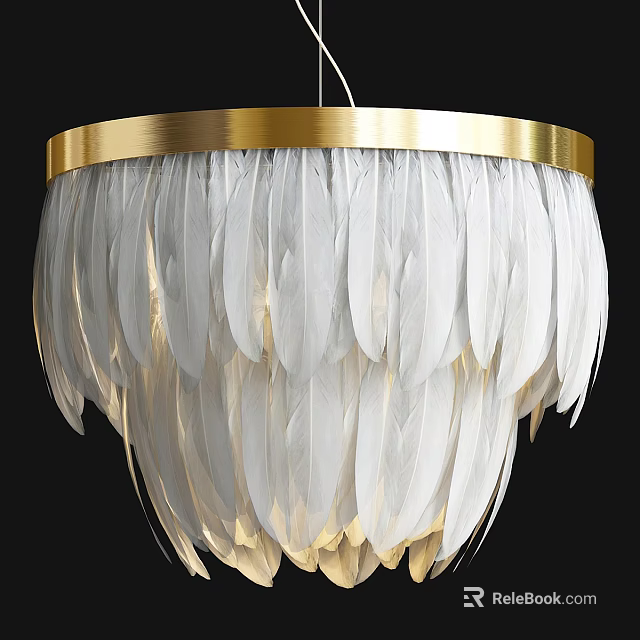 Elegant Modern Chandelier With Golden Frame And White Feather Decoration 3d model 