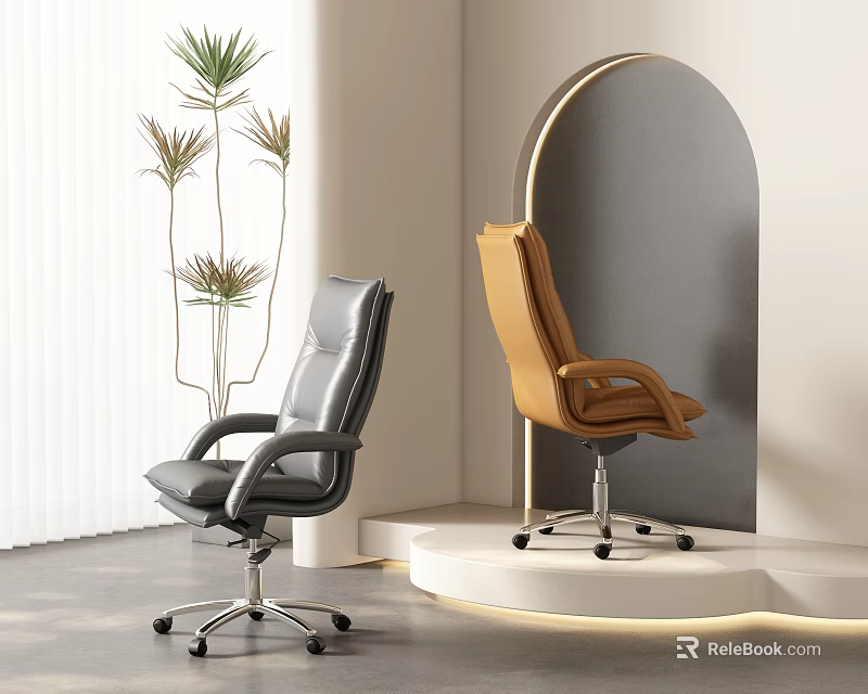 Modern Office Chairs in Gray and Brown Leather with Plant and Arch Wall Design 3d model 