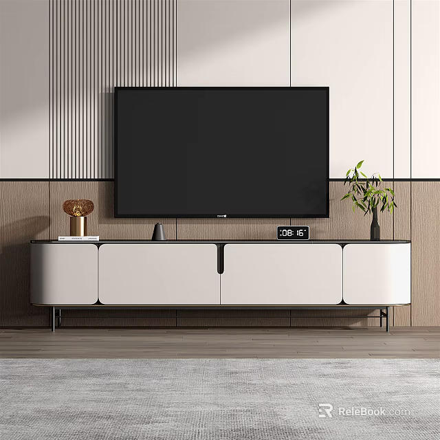 Modern TV Stand With White Storage Cabinets Small Clock And Green Plant Decor 3d model 