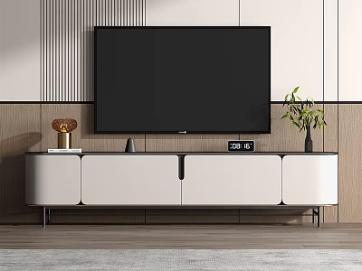 Modern TV Stand With White Storage Cabinets Small Clock And Green Plant Decor 3d model