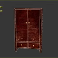Red Wooden Cabinet With Double Doors Bottom Drawers And Golden Handles