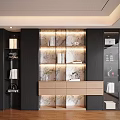 Modern Interior Decorative Cabinet With Marble Backdrop Open Shelves Glass Doors And Drawers