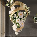 Spiral Hanging Decoration with Golden Frame Large White Flowers Small White Flowers and Green Leaves