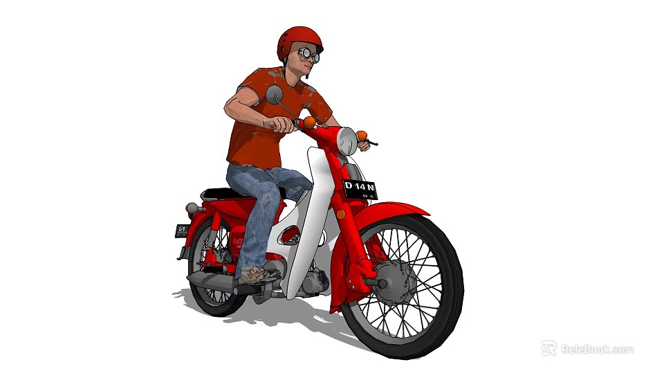 Man Riding Red and White Motorcycle with Red Helmet and Orange T-Shirt 3d model 
