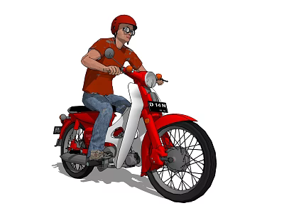 Man Riding Red and White Motorcycle with Red Helmet and Orange T-Shirt 3d model