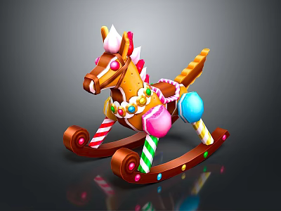 Colorful Gingerbread Rocking Horse With Pink Blue Balls And Striped Poles 3d model
