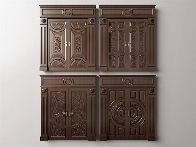 Classical Wooden Double Doors With Intricate Carvings And Panel Design Details 3d model