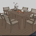 Stylish Outdoor Table With Six Chairs Umbrella Decorative Vase And Fruit Plate On Wooden Deck