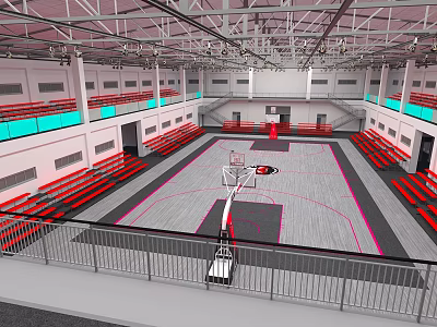 Indoor Basketball Court Interior With Red Bleacher Seats Gray Pink Floor And Metal Roof Structure 3d model