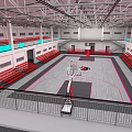 Indoor Basketball Court Interior With Red Bleacher Seats Gray Pink Floor And Metal Roof Structure