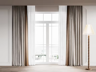 Elegant Layered Curtains in Bright Interior with Large Window Wooden Floor and Floor Lamp 3d model
