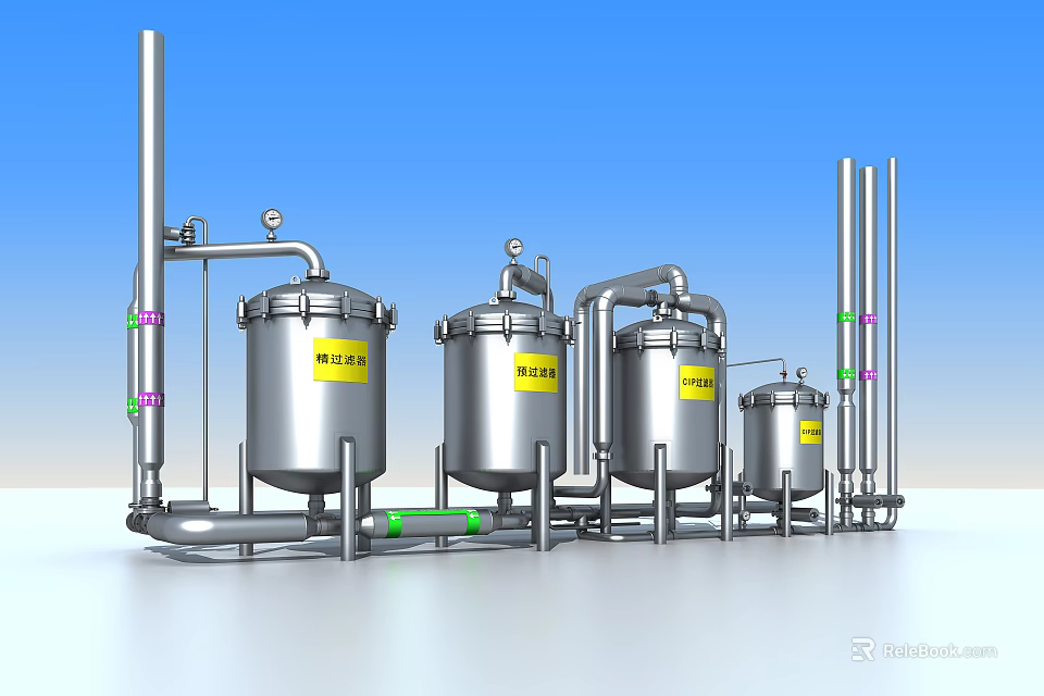 Industrial Equipment Stainless Steel Tanks with Piping System and Control Valves 3d model 