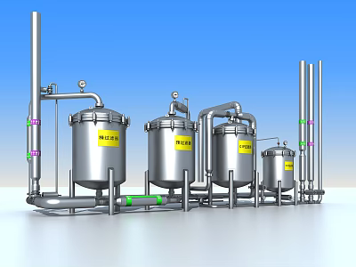 Industrial Equipment Stainless Steel Tanks with Piping System and Control Valves 3d model