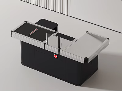 Modern Sleek Reception Counter With Black Gray Design And Red Logo 3d model