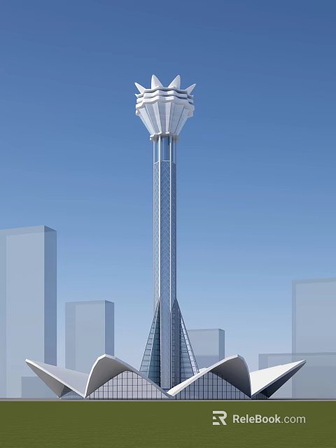 Modern Tall Tower With Sleek Structure Among City Buildings And Blue Sky 3d model 