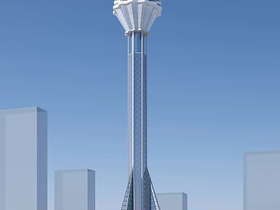 Modern Tall Tower With Sleek Structure Among City Buildings And Blue Sky 3d model