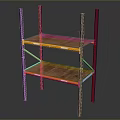 Two Level Storage Rack With Blue Metal Frames And Brown Wooden Shelves