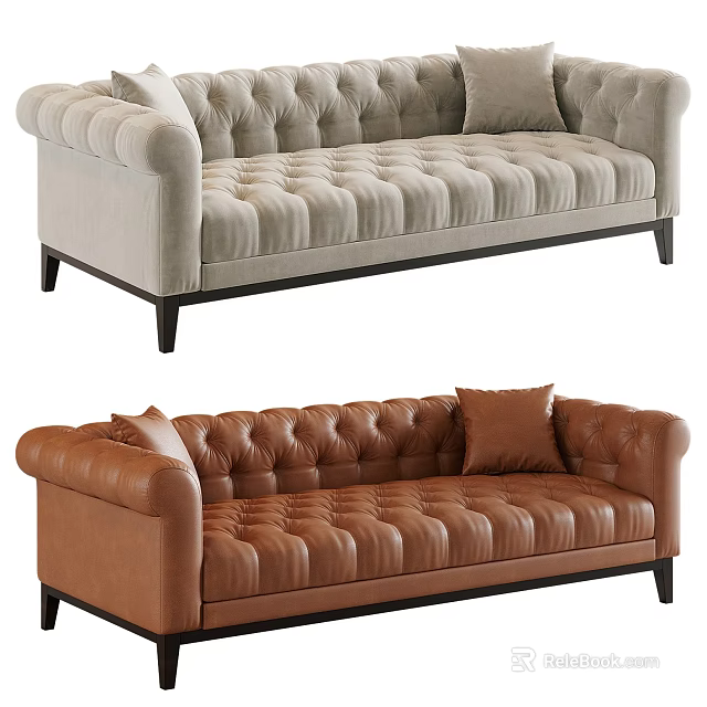 Light Gray Fabric And Brown Leather Multi Seater Sofa With Tufted Design And Pillows 3d model 